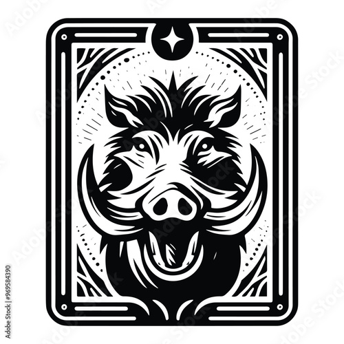 Wart hog in Tarot card black and white silhouette illustration -