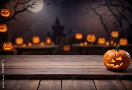 Spooky Halloween - empty on wooden boards and graveyard background