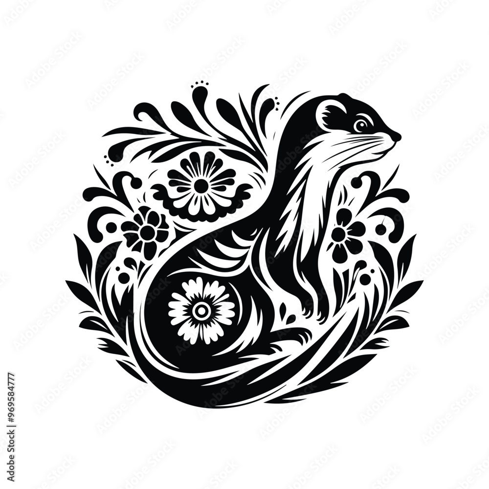 Weasel in folk art black and white silhouette illustration - Weasel in folk art black and white silhouette illustration -