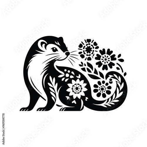 Weasel in folk art black and white silhouette illustration -