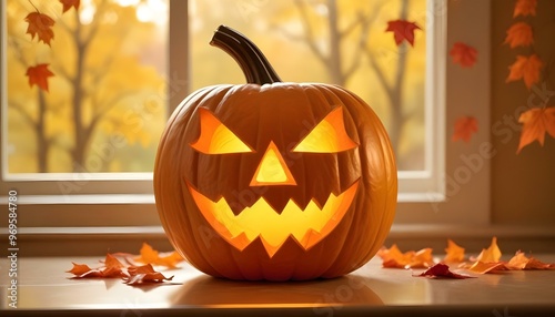 Pumpkin with glowing eyes and a gaping mouth