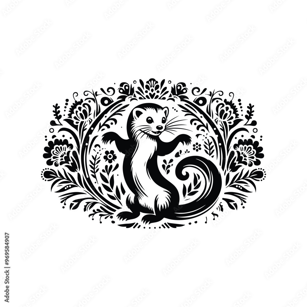 Weasel in folk art black and white silhouette illustration - Weasel in folk art black and white silhouette illustration -