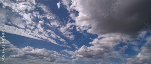 Spring blue sky cloud gradient background. Cloudy sky. Vivid cyan blue landscape in environment day horizon skyline view. White clouds on soft sky background. White cloudy sky.