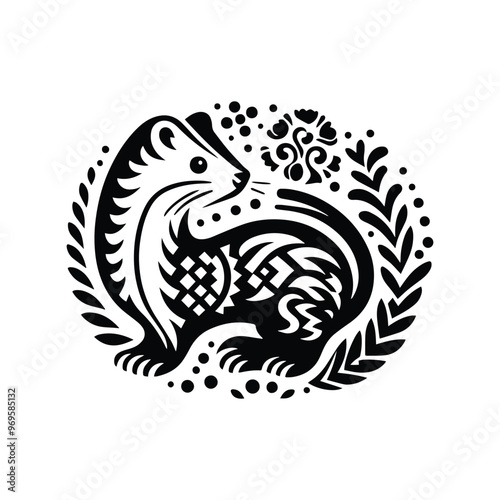 Weasel in folk art black and white silhouette illustration -