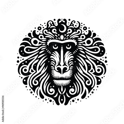 baboon monkey in bohemian black and white silhouette illustration -