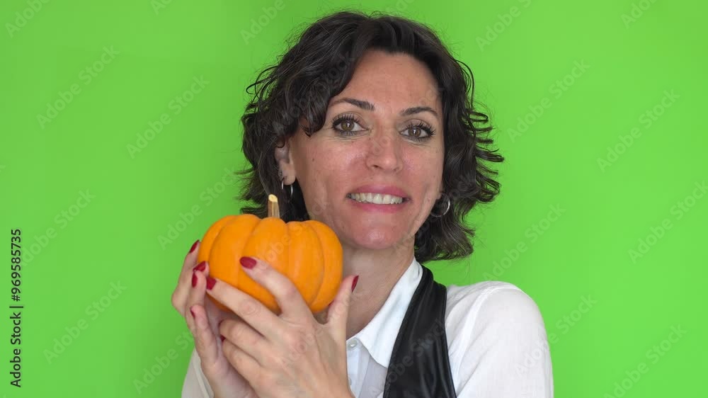 Cheerful, mid age woman poisng with small halloween pumpkin in front of green box background. Cheerful, mid age woman poisng with small halloween pumpkin in front of green box background.
