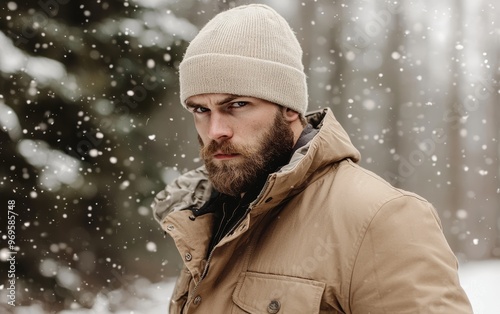 Describe how the rugged, outdoorsman aesthetic in the image could inspire a clothing line focused on durable, winter-ready fashion photo