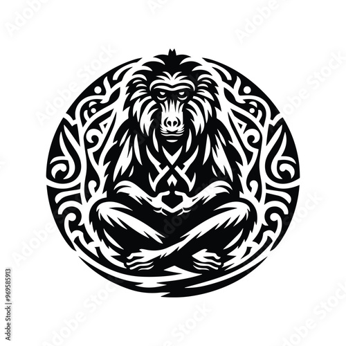 baboon monkey in folk art black and white silhouette illustration -