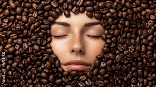 Describe how the visual appeal of coffee beans enveloping the face can be used to inspire a holistic beauty brand focused on natural and energizing ingredients photo