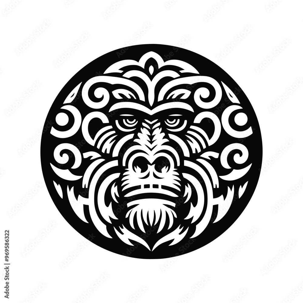 baboon monkey in folk art black and white silhouette illustration - baboon monkey in folk art black and white silhouette illustration -