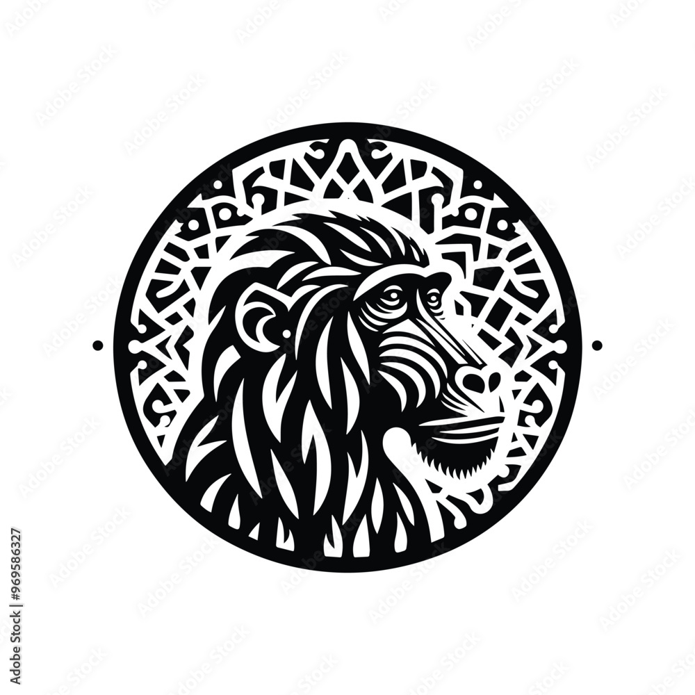 baboon monkey in folk art black and white silhouette illustration - baboon monkey in folk art black and white silhouette illustration -