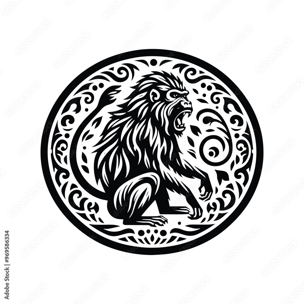 baboon monkey in folk art black and white silhouette illustration - baboon monkey in folk art black and white silhouette illustration -
