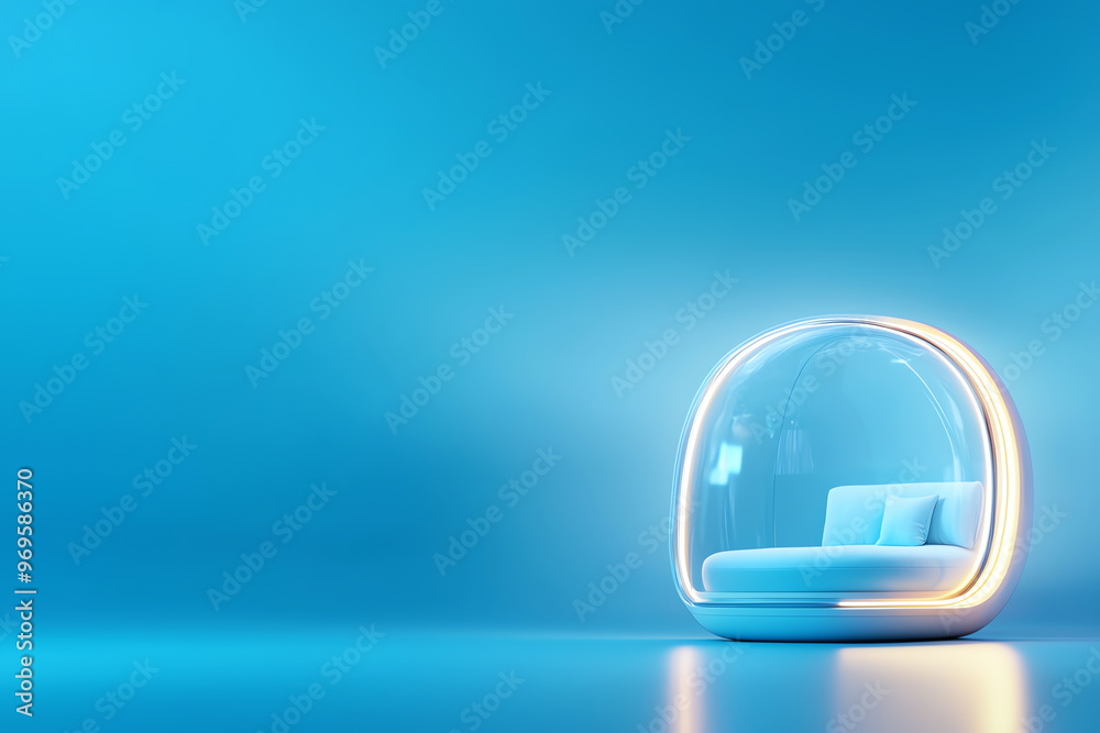 A stylish and modern glass sofa illuminated with a glowing blue hue, perfect for contemporary interior designs and creative spaces. A stylish and modern glass sofa illuminated with a glowing blue hue, perfect for contemporary interior designs and creative spaces.