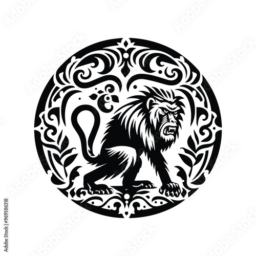 baboon monkey in folk art black and white silhouette illustration -