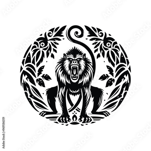baboon monkey in folk art black and white silhouette illustration -