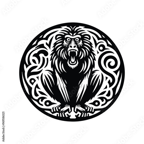 baboon monkey in folk art black and white silhouette illustration -