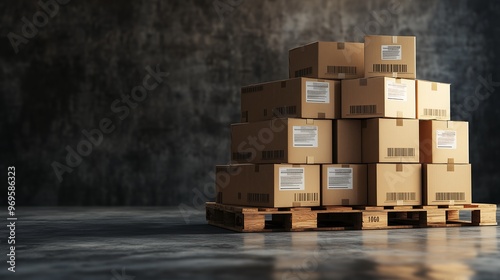 Cardboard boxes stacked on a wooden pallet, representing shipping and storage for logistics. The boxes should be neatly arranged with visible shipping labels and barcodes.