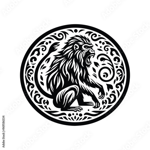 baboon monkey in folk art black and white silhouette illustration -