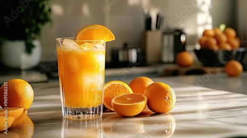 A chilled glass of orange juice with orange slices resting on the rim, surrounded by fresh oranges on a kitchen counter. photo