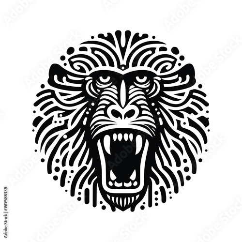 baboon monkey in folk art black and white silhouette illustration -