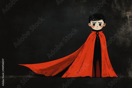Minimalist Halloween Banner Featuring a Little Boy Dressed as a Vampire with Red and Black Cape