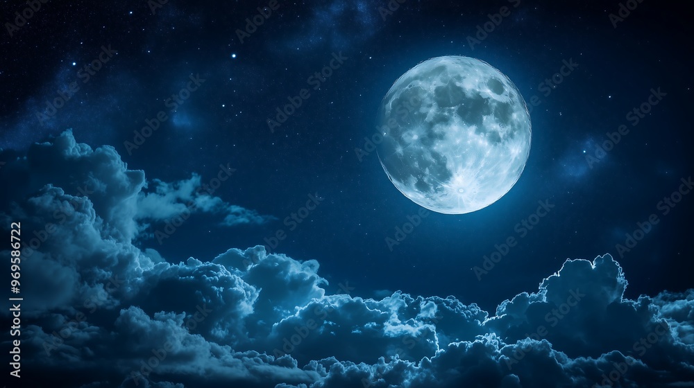 The moon in the night sky. The moon should be glowing brightly, surrounded by a few stars and clouds, creating a peaceful and mystical atmosphere. The moon in the night sky. The moon should be glowing brightly, surrounded by a few stars and clouds, creating a peaceful and mystical atmosphere.
