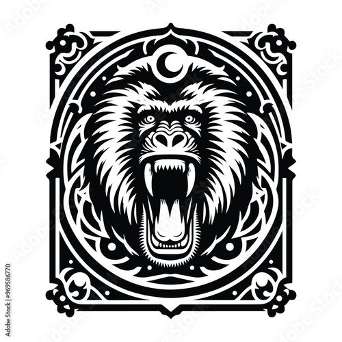 baboon monkey in Tarot card black and white silhouette illustration -