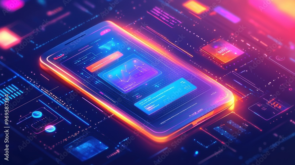 Futuristic AI-Powered Educational App Interface with Interactive Lessons in Modern Design on Tech Background with Copy Space