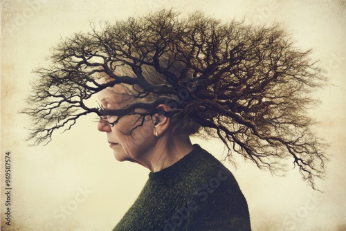 Electrophysiology neurotherapeutics neuralplasticity and vesicle elderly woman with tree like neural patterns growing from her head symbolizing deep rooted wisdom photo