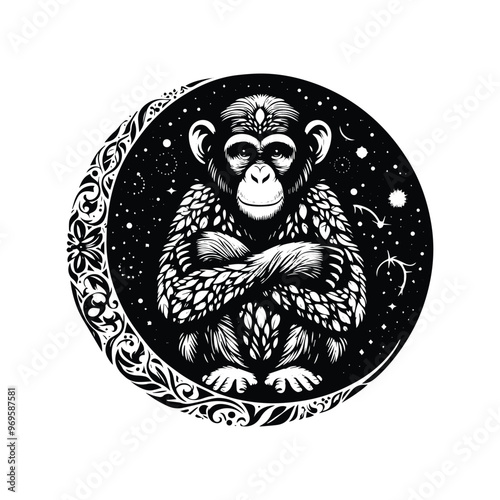 Chimpanzee monkey in bohemian black and white silhouette illustration -