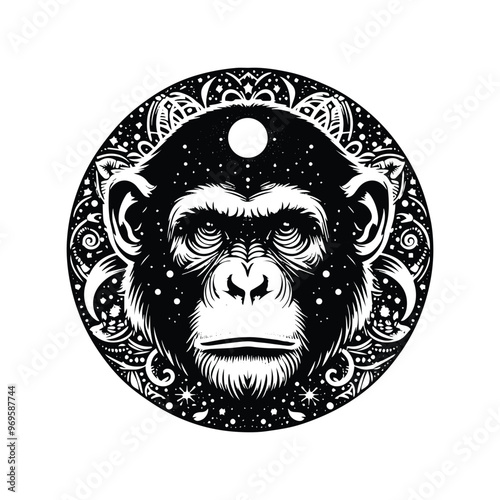 Chimpanzee monkey in bohemian black and white silhouette illustration -