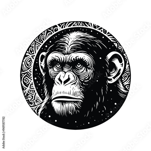 Chimpanzee monkey in bohemian black and white silhouette illustration -