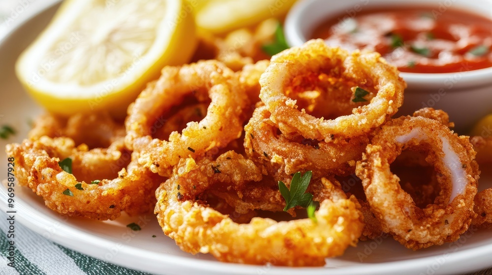A close-up of crispy fried calamari served with marinara dipping sauce and lemon slices on a white plate. A close-up of crispy fried calamari served with marinara dipping sauce and lemon slices on a white plate.