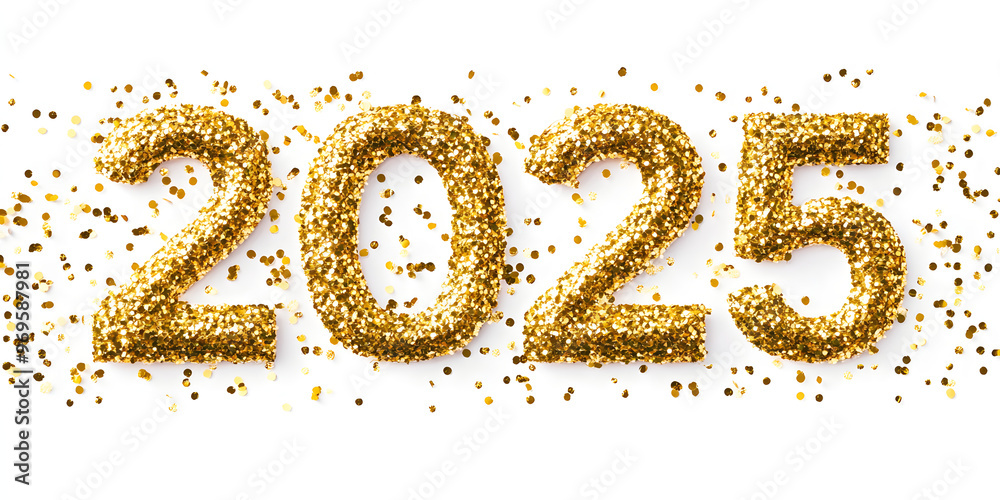 Happy New Year 2025 greeting card element on white background. Festive Christmas design. Gold numbers with realistic glitter texture Happy New Year 2025 greeting card element on white background. Festive Christmas design. Gold numbers with realistic glitter texture