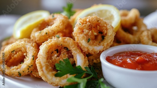 A close-up of crispy fried calamari served with marinara dipping sauce and lemon slices on a white plate. photo