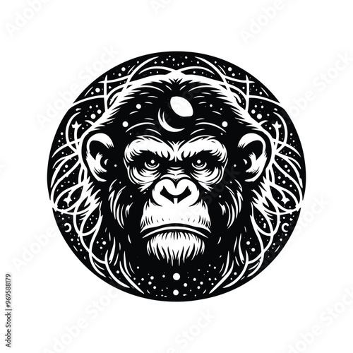 Chimpanzee monkey in bohemian black and white silhouette illustration -