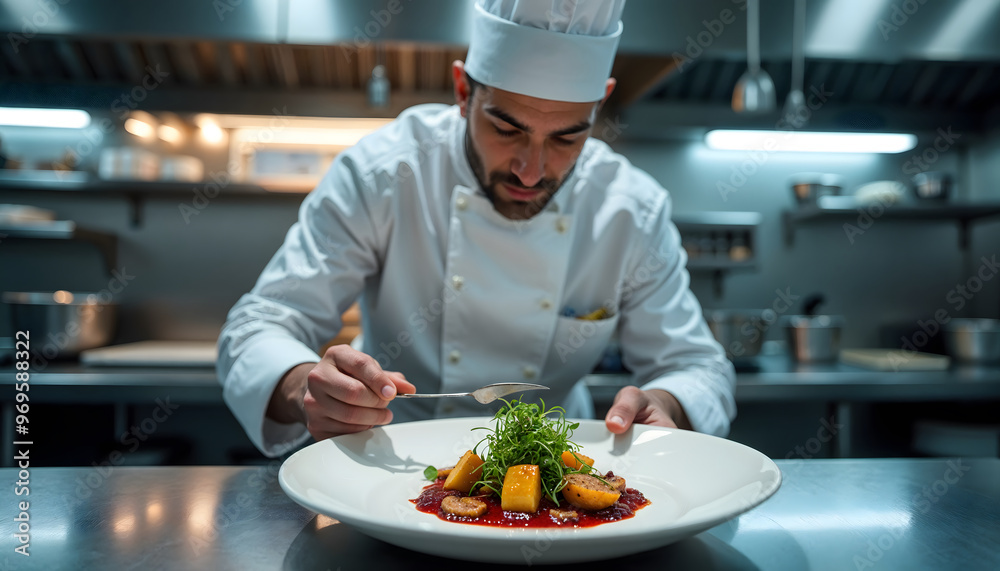 A focused male chef dresses an elegant plate in a modern restaurant kitchen, showcasing culinary skills and attention to detail in fine dining. A focused male chef dresses an elegant plate in a modern restaurant kitchen, showcasing culinary skills and attention to detail in fine dining.