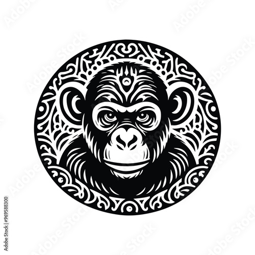 Chimpanzee monkey in folk art black and white silhouette illustration -