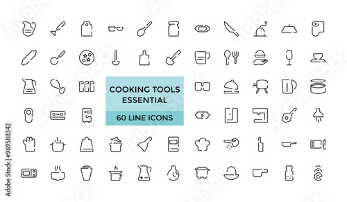 Cooking tools isolated icons set. Set of kitchen essentials, cutlery, dishes, plates, baking sheet, paper mill, cheese slicer, Editable stroke, Thin line icon pack, vector illustration.