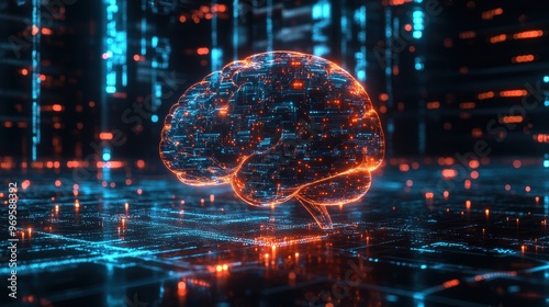 Futuristic AI Brain Concept with Glowing Circuits on Digital Grid Background - Technology Illustration with Copy Space