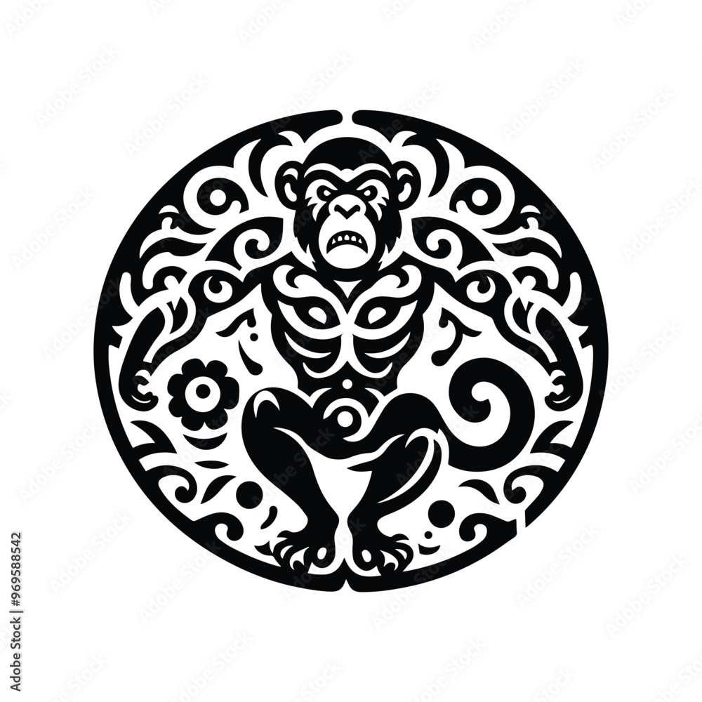 Chimpanzee monkey in folk art black and white silhouette illustration - Chimpanzee monkey in folk art black and white silhouette illustration -