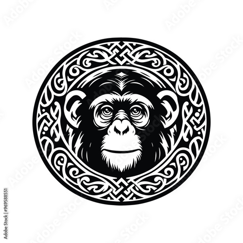 Chimpanzee monkey in folk art black and white silhouette illustration -