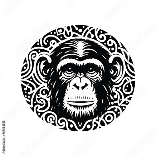 Chimpanzee monkey in folk art black and white silhouette illustration -