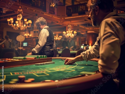 A dimly lit casino with a green felt table and players in the background. The focus is on the cards and chips on the table. photo