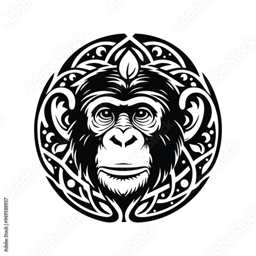 Chimpanzee monkey in folk art black and white silhouette illustration -