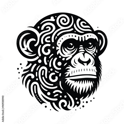 Chimpanzee monkey in folk art black and white silhouette illustration -