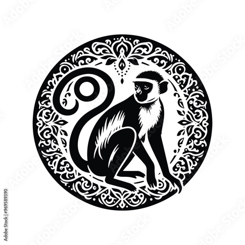 Colobus monkey in bohemian black and white silhouette illustration -