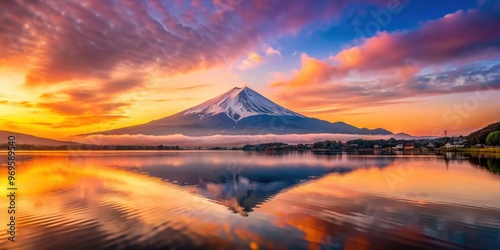 Sunrise over Mount Fuji with pink and orange hues reflecting on calm lake below, Mount Fuji, sunrise, dawn, majestic