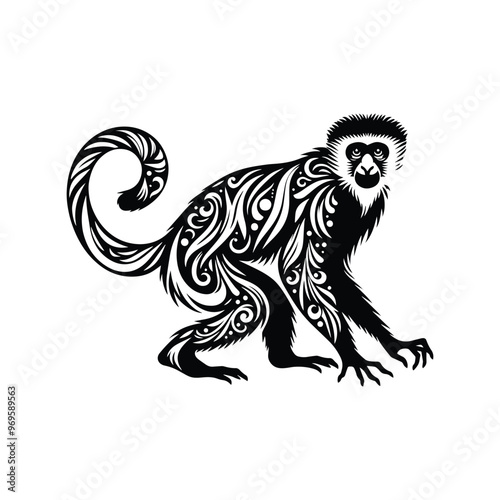 Colobus monkey in bohemian black and white silhouette illustration -