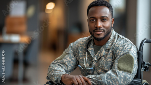 African American man in a wheelchair, wearing military uniform and stethoscope, looking at the camera.